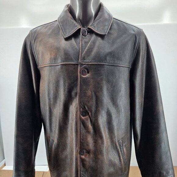 Vtg Men’s Eddie Bauer Leather Coat Jacket Distressed Brown L Quilted Liner Long - Picture 1 of 14